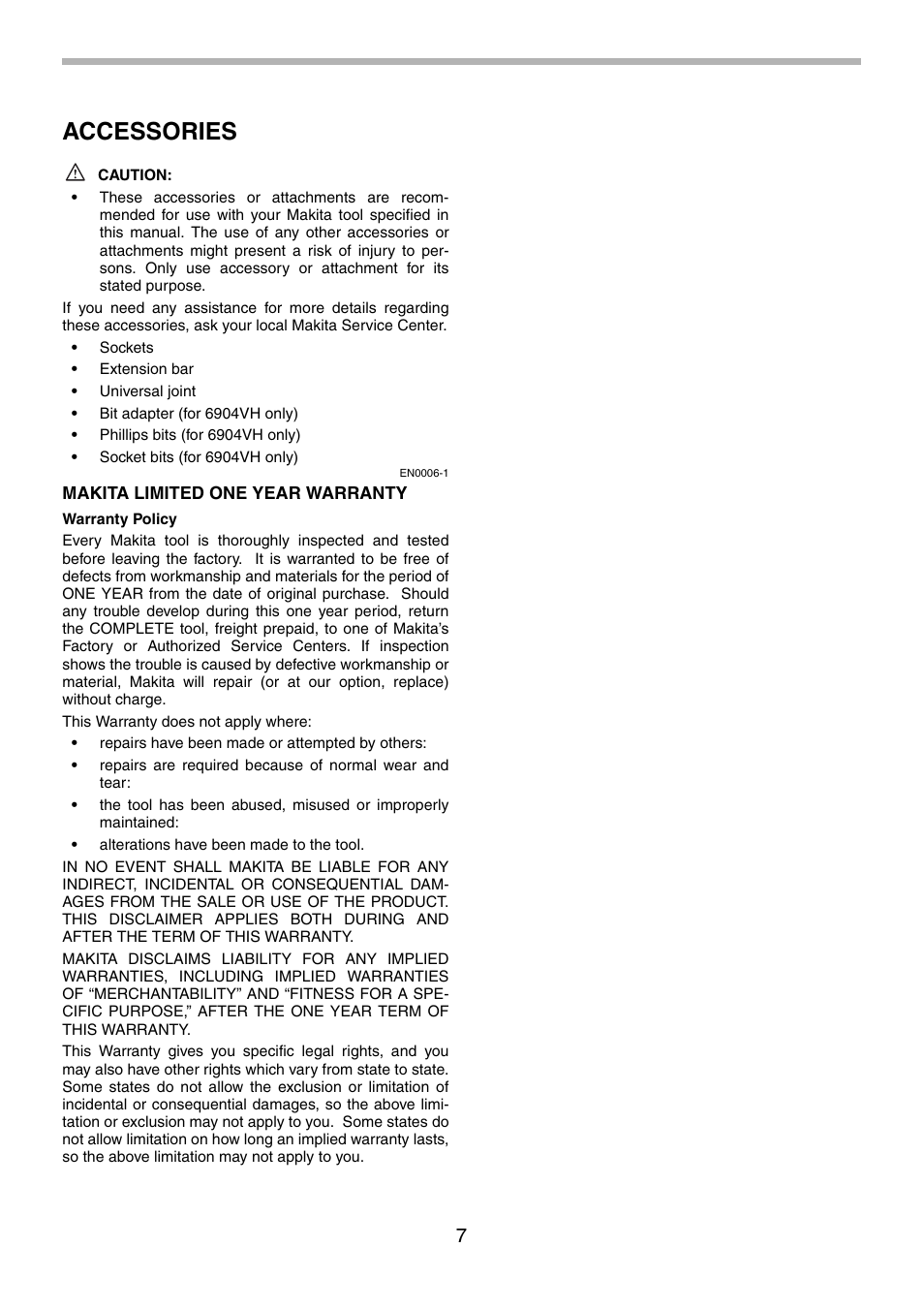 Accessories | Makita 6904VH User Manual | Page 7 / 20