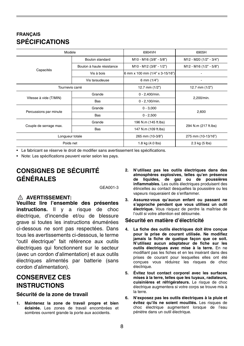 Spécifications, Consignes de sécurité générales, Conservez ces instructions | Sécurité de la zone de travail, Sécurité en matière d’électricité, Français | Makita 6904VH User Manual | Page 8 / 20