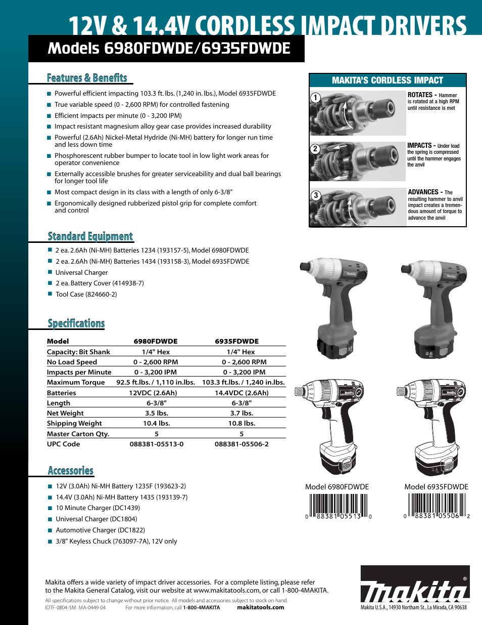 Specifications, Standard equipment, Accessories | Makita’s cordless impact | Makita 6980FDWDE User Manual | Page 2 / 2