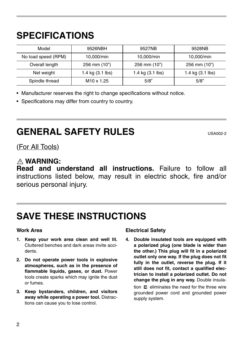 Specifications, General safety rules, Save these instructions | Makita Angle Grinder User Manual | Page 2 / 16