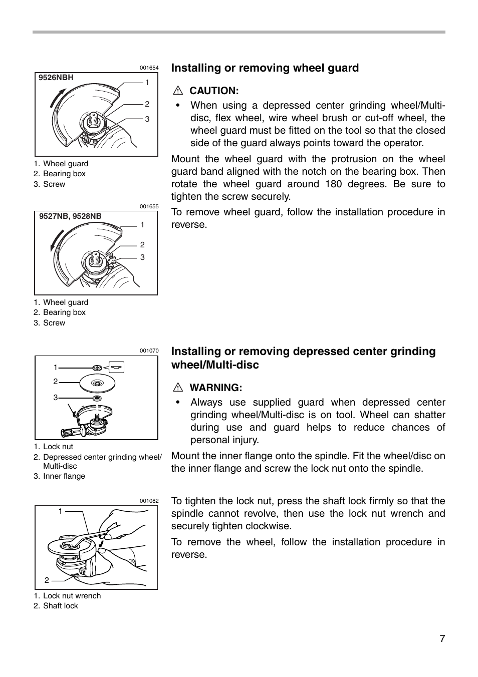 Installing or removing wheel guard | Makita Angle Grinder User Manual | Page 7 / 16