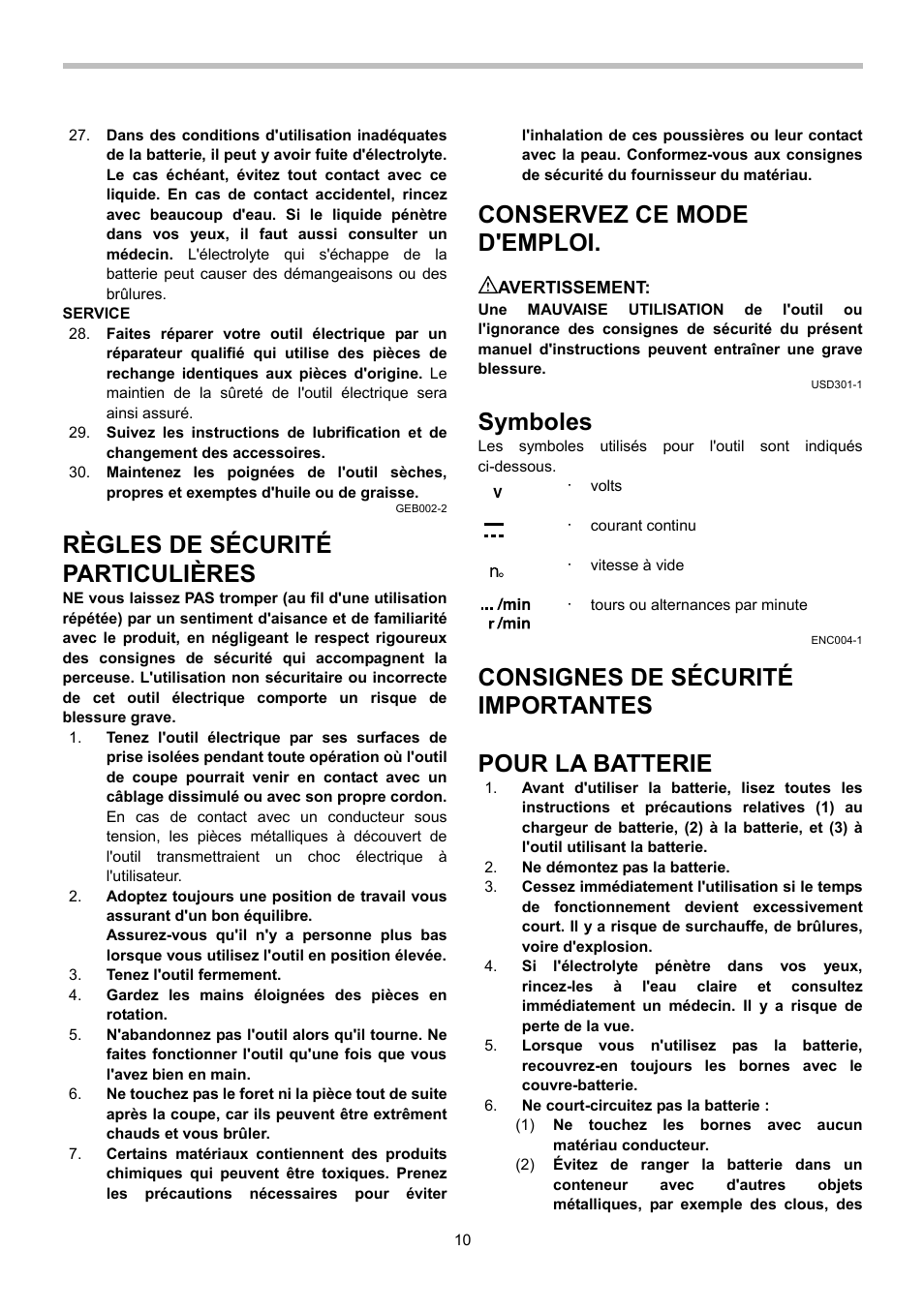 Règles de sécurité particulières, Conservez ce mode d'emploi, Symboles | Consignes de sécurité importantes, Pour la batterie | Makita 6281D User Manual | Page 10 / 24