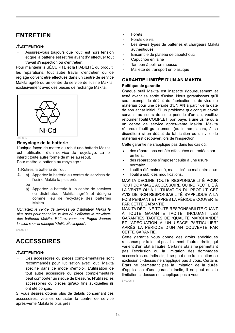 Ni-cd, Entretien, Accessoires | Makita 6281D User Manual | Page 14 / 24