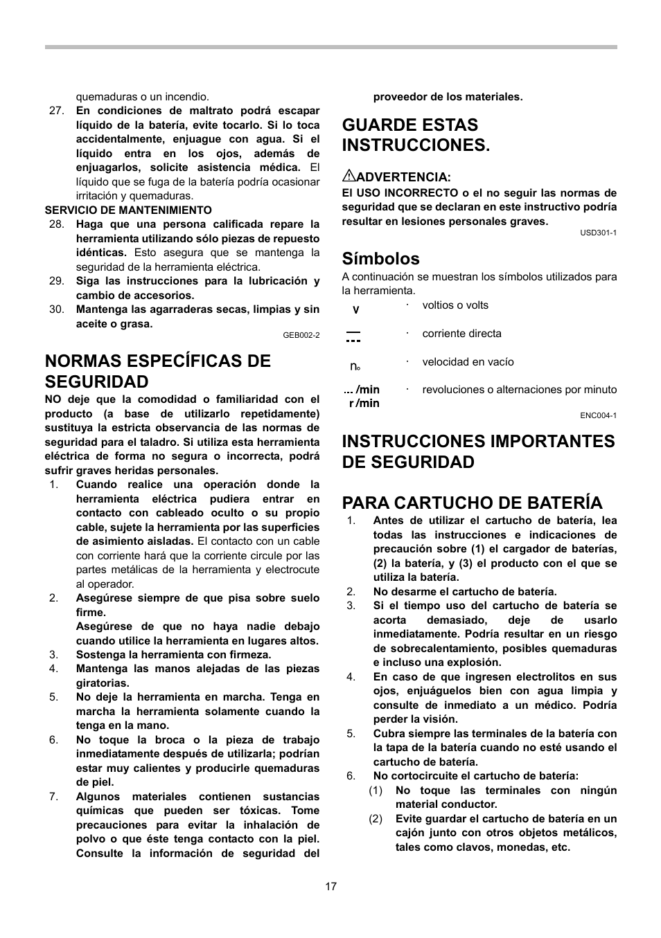 Normas específicas de seguridad, Guarde estas instrucciones, Símbolos | Instrucciones importantes de seguridad, Para cartucho de batería | Makita 6281D User Manual | Page 17 / 24