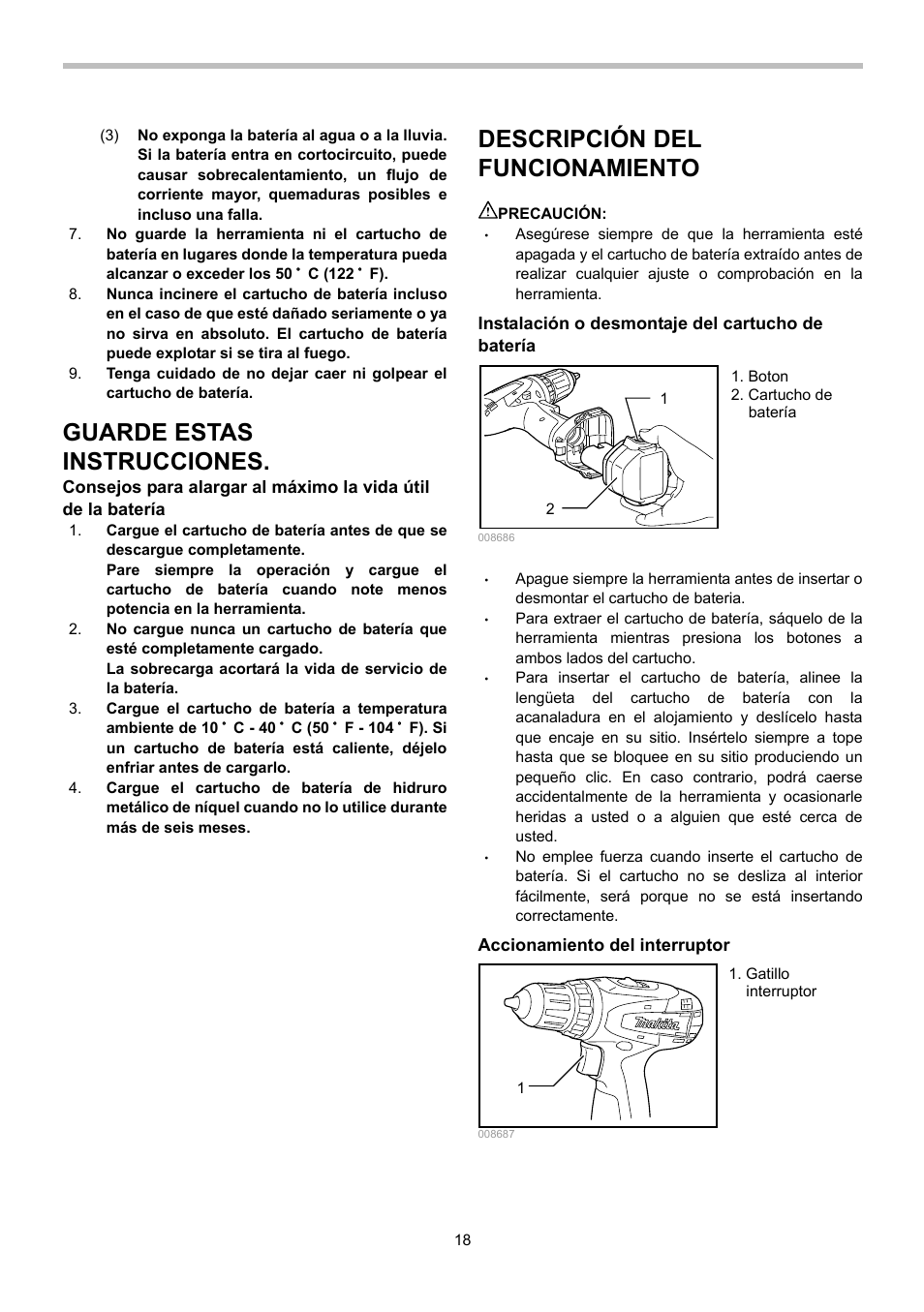 Guarde estas instrucciones, Descripción del funcionamiento | Makita 6281D User Manual | Page 18 / 24