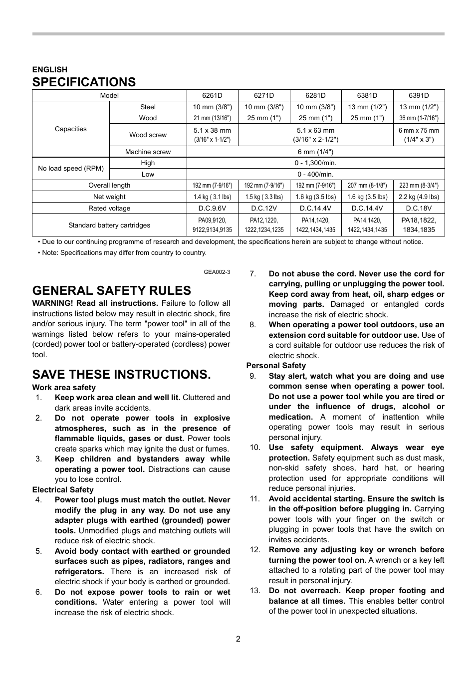 Specifications, General safety rules, Save these instructions | Makita 6281D User Manual | Page 2 / 24