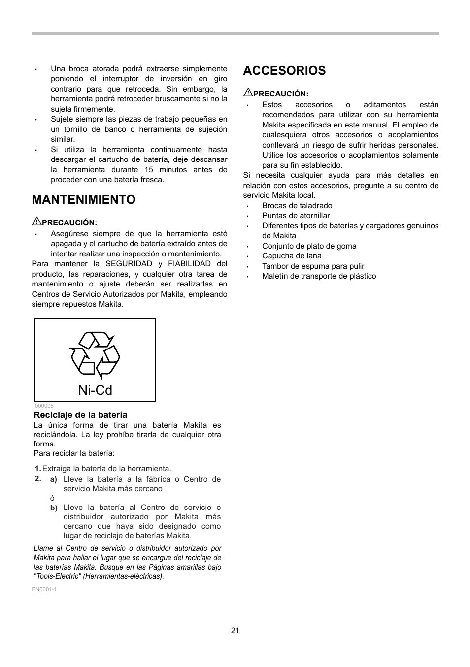 Ni-cd, Mantenimiento, Accesorios | Makita 6281D User Manual | Page 21 / 24