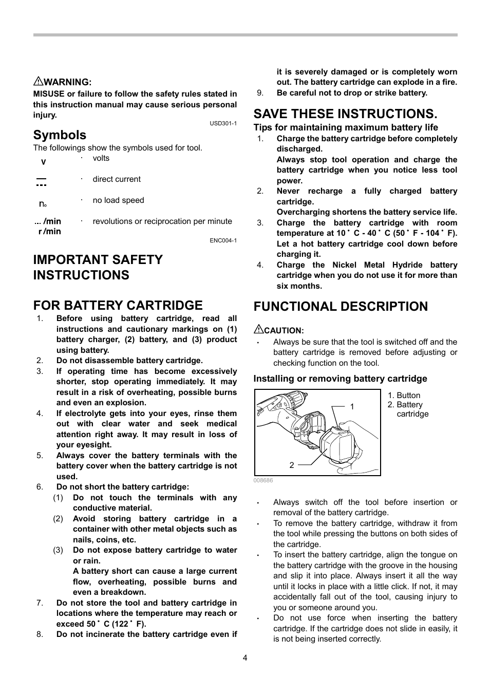 Symbols, Important safety instructions, For battery cartridge | Save these instructions, Functional description | Makita 6281D User Manual | Page 4 / 24