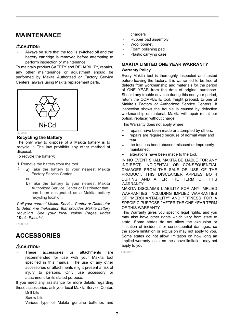 Ni-cd, Maintenance, Accessories | Makita 6281D User Manual | Page 7 / 24