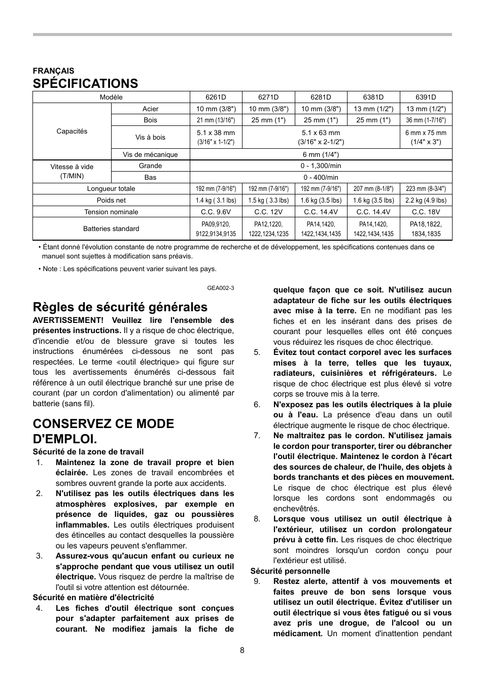 Spécifications, Règles de sécurité générales, Conservez ce mode d'emploi | Makita 6281D User Manual | Page 8 / 24
