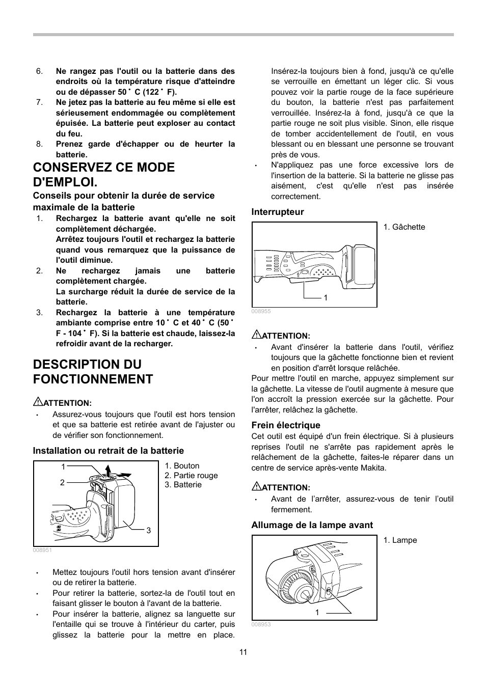 Conservez ce mode d'emploi, Description du fonctionnement | Makita BDA340 User Manual | Page 11 / 24