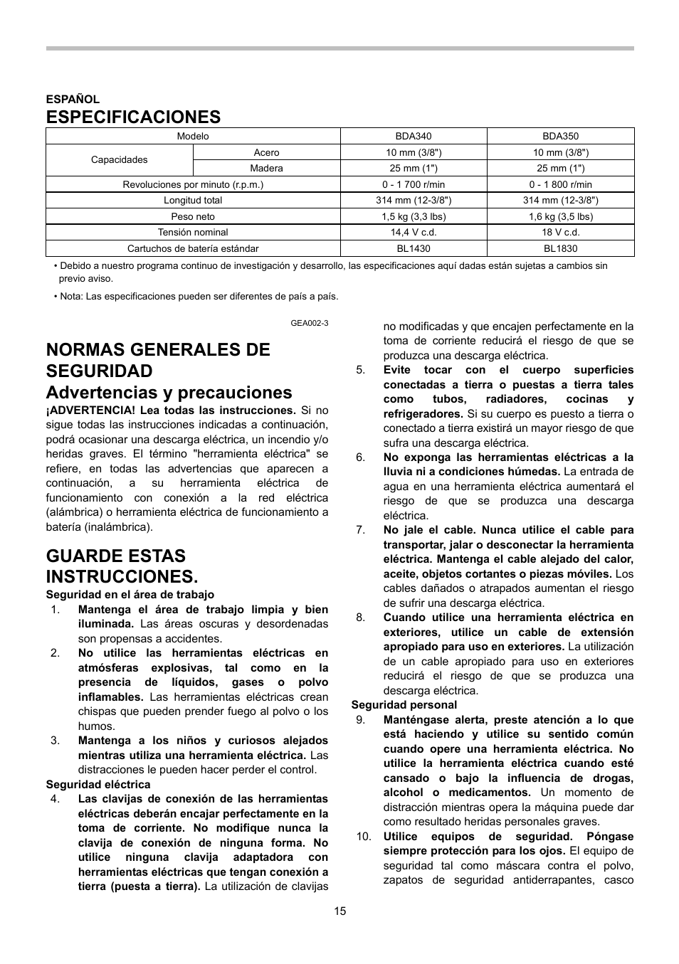 Especificaciones, Guarde estas instrucciones | Makita BDA340 User Manual | Page 15 / 24