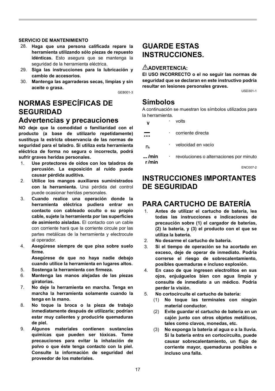 Guarde estas instrucciones, Símbolos, Instrucciones importantes de seguridad | Para cartucho de batería | Makita BDA340 User Manual | Page 17 / 24