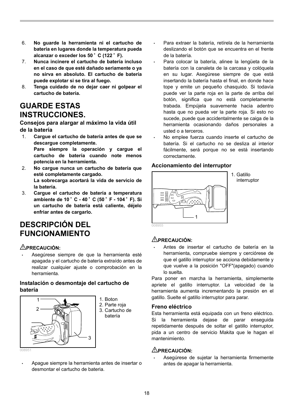 Guarde estas instrucciones, Descripción del funcionamiento | Makita BDA340 User Manual | Page 18 / 24