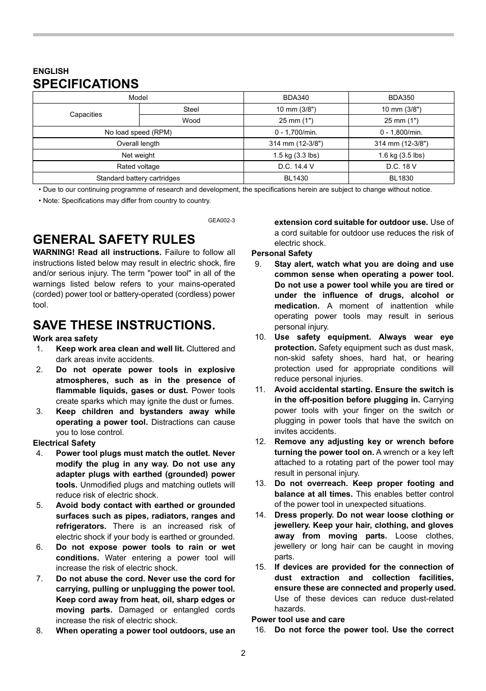 Specifications, General safety rules, Save these instructions | Makita BDA340 User Manual | Page 2 / 24