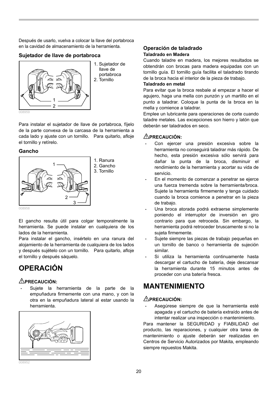 Operación, Mantenimiento | Makita BDA340 User Manual | Page 20 / 24