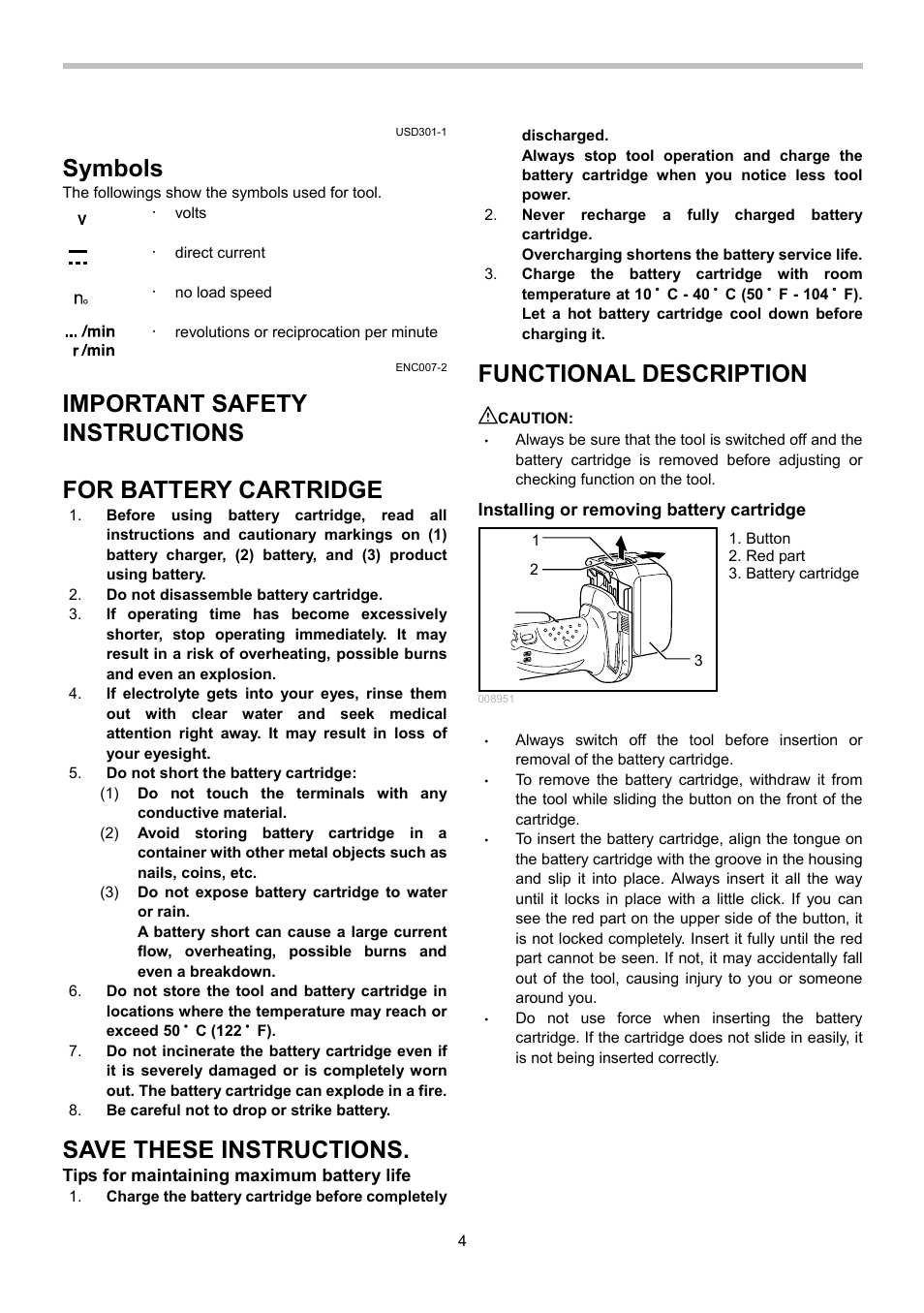 Symbols, Important safety instructions, For battery cartridge | Save these instructions, Functional description | Makita BDA340 User Manual | Page 4 / 24