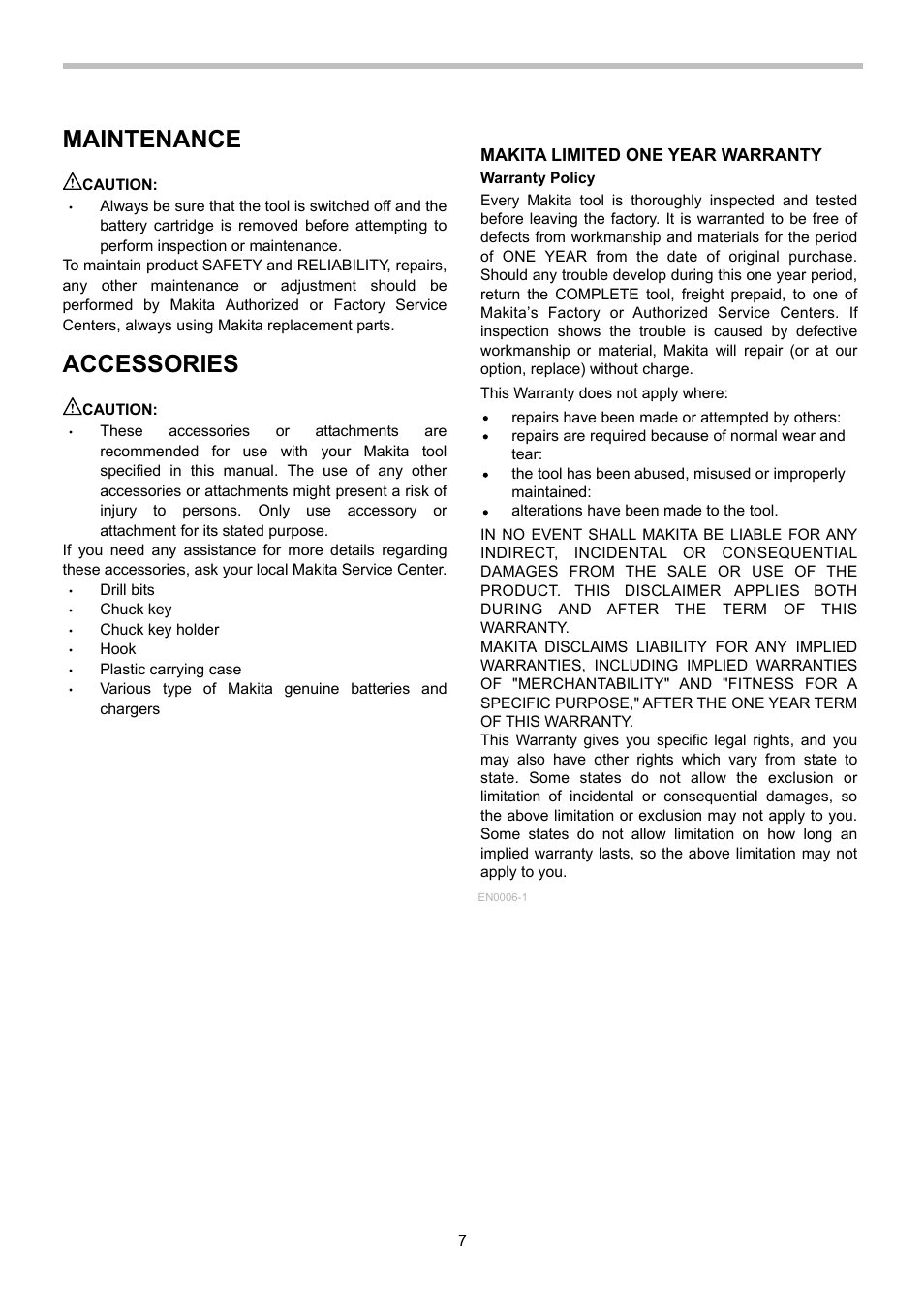 Maintenance, Accessories, Makita limited one year warranty | Makita BDA340 User Manual | Page 7 / 24
