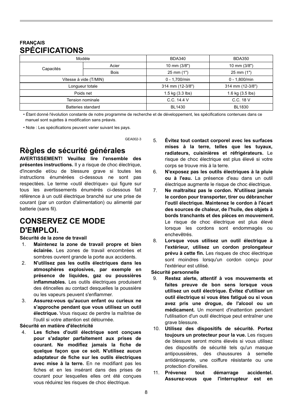 Spécifications, Règles de sécurité générales, Conservez ce mode d'emploi | Makita BDA340 User Manual | Page 8 / 24