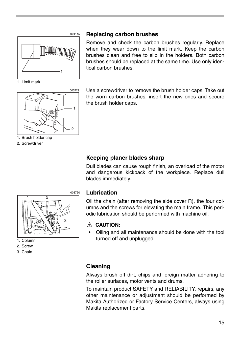 Replacing carbon brushes, Keeping planer blades sharp, Lubrication | Cleaning | Makita 2012NB User Manual | Page 15 / 20
