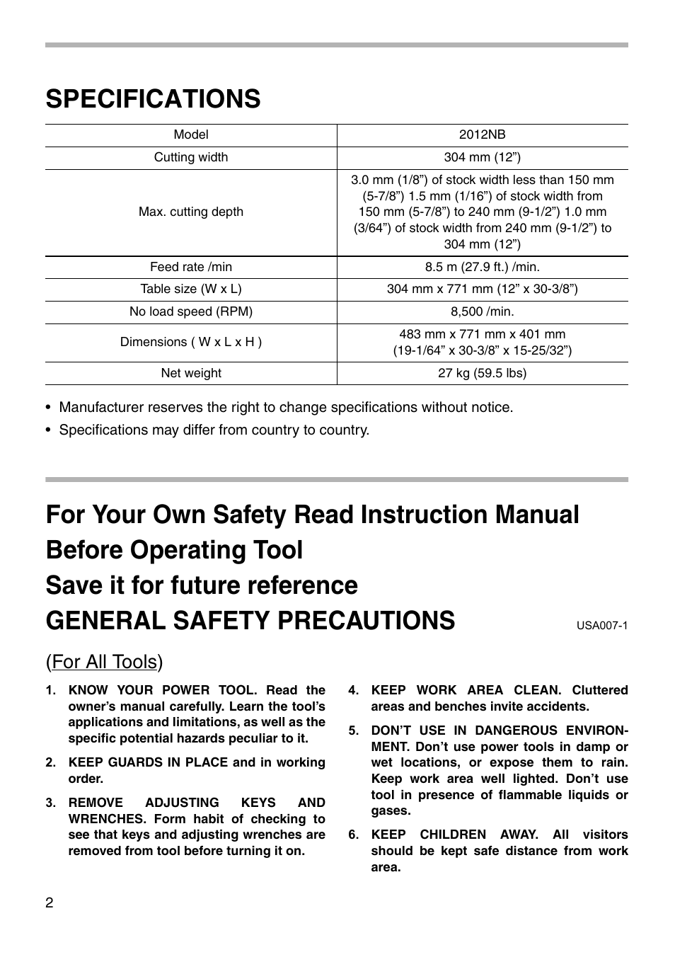 Specifications, For all tools) | Makita 2012NB User Manual | Page 2 / 20