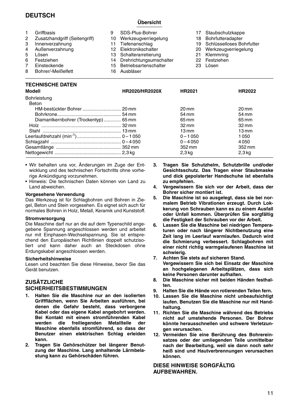 Deutsch | Makita HR2020 User Manual | Page 11 / 52