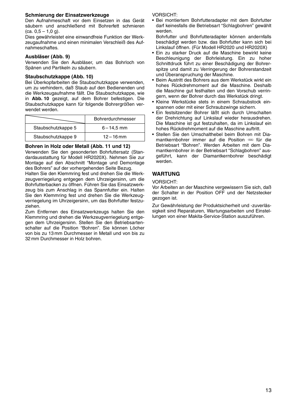Makita HR2020 User Manual | Page 13 / 52