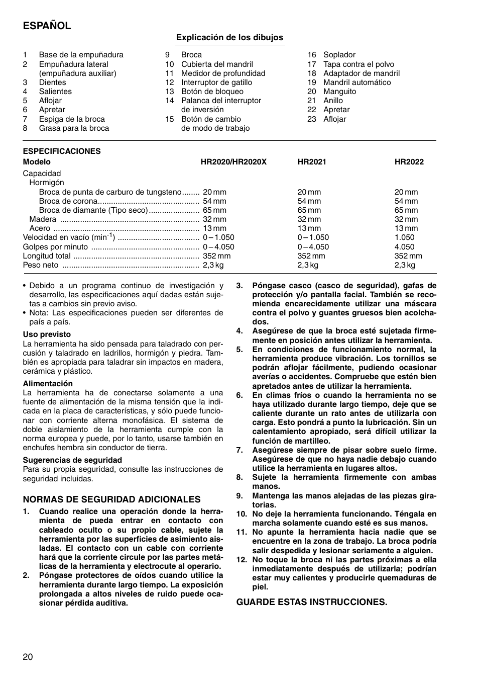 Español | Makita HR2020 User Manual | Page 20 / 52