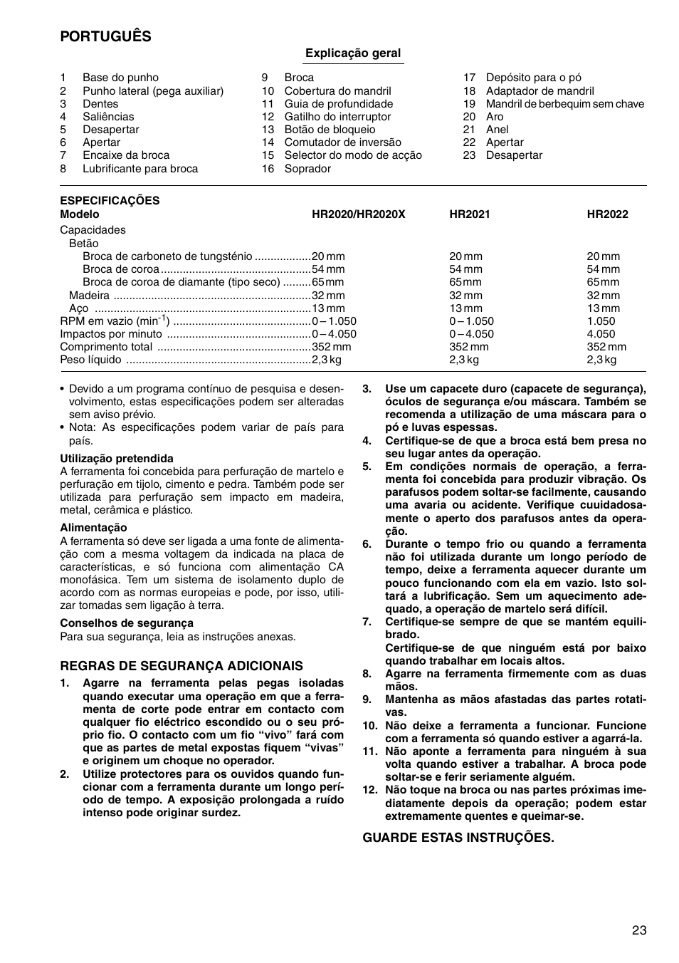 Português | Makita HR2020 User Manual | Page 23 / 52