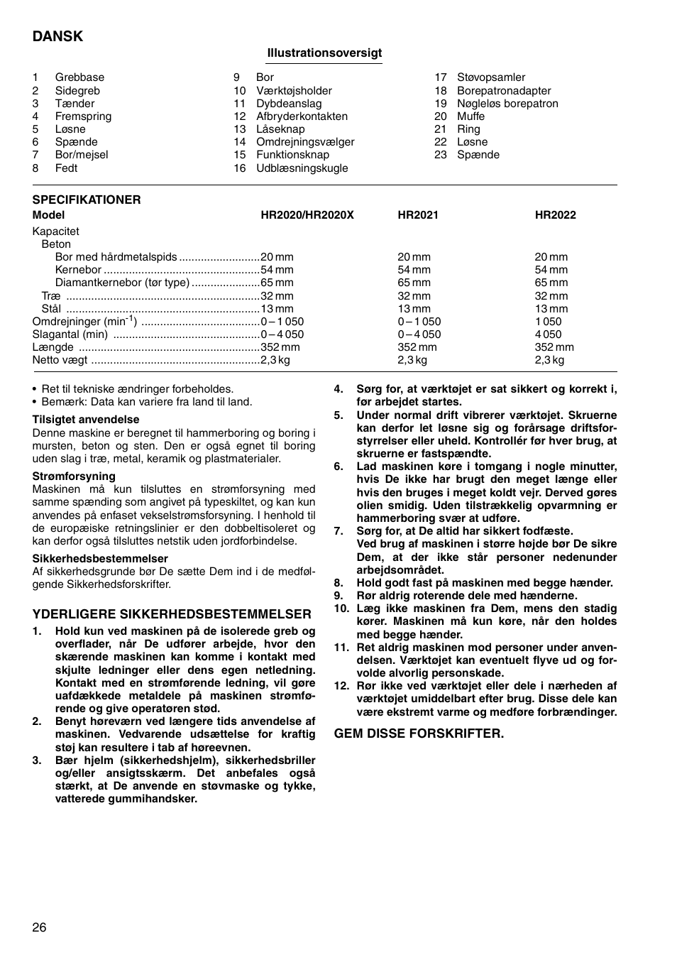 Dansk | Makita HR2020 User Manual | Page 26 / 52