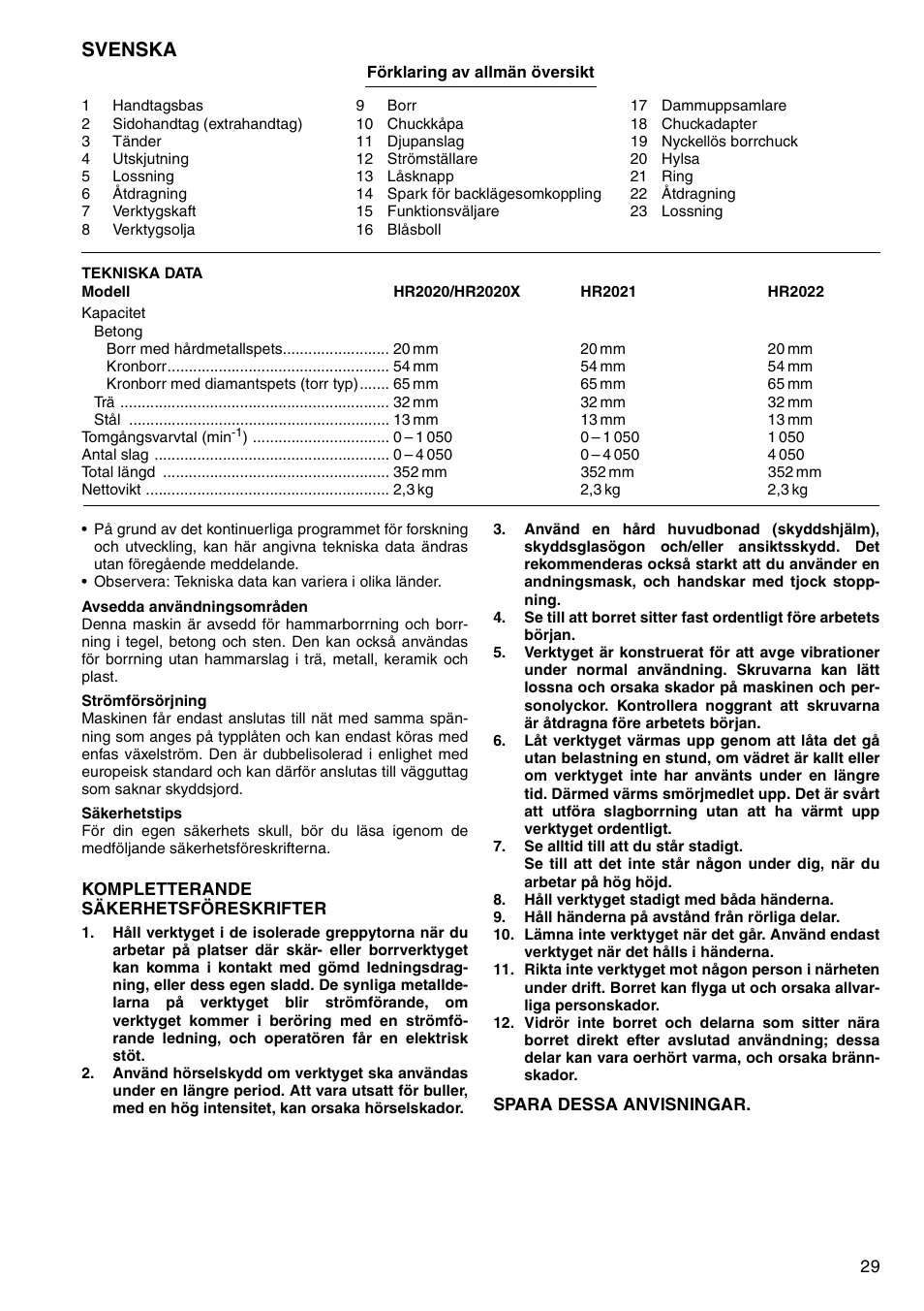 Svenska | Makita HR2020 User Manual | Page 29 / 52