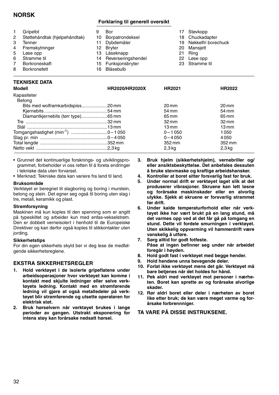 Norsk | Makita HR2020 User Manual | Page 32 / 52
