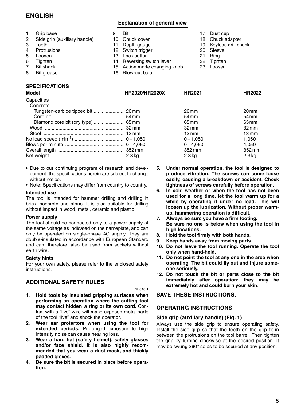 English | Makita HR2020 User Manual | Page 5 / 52