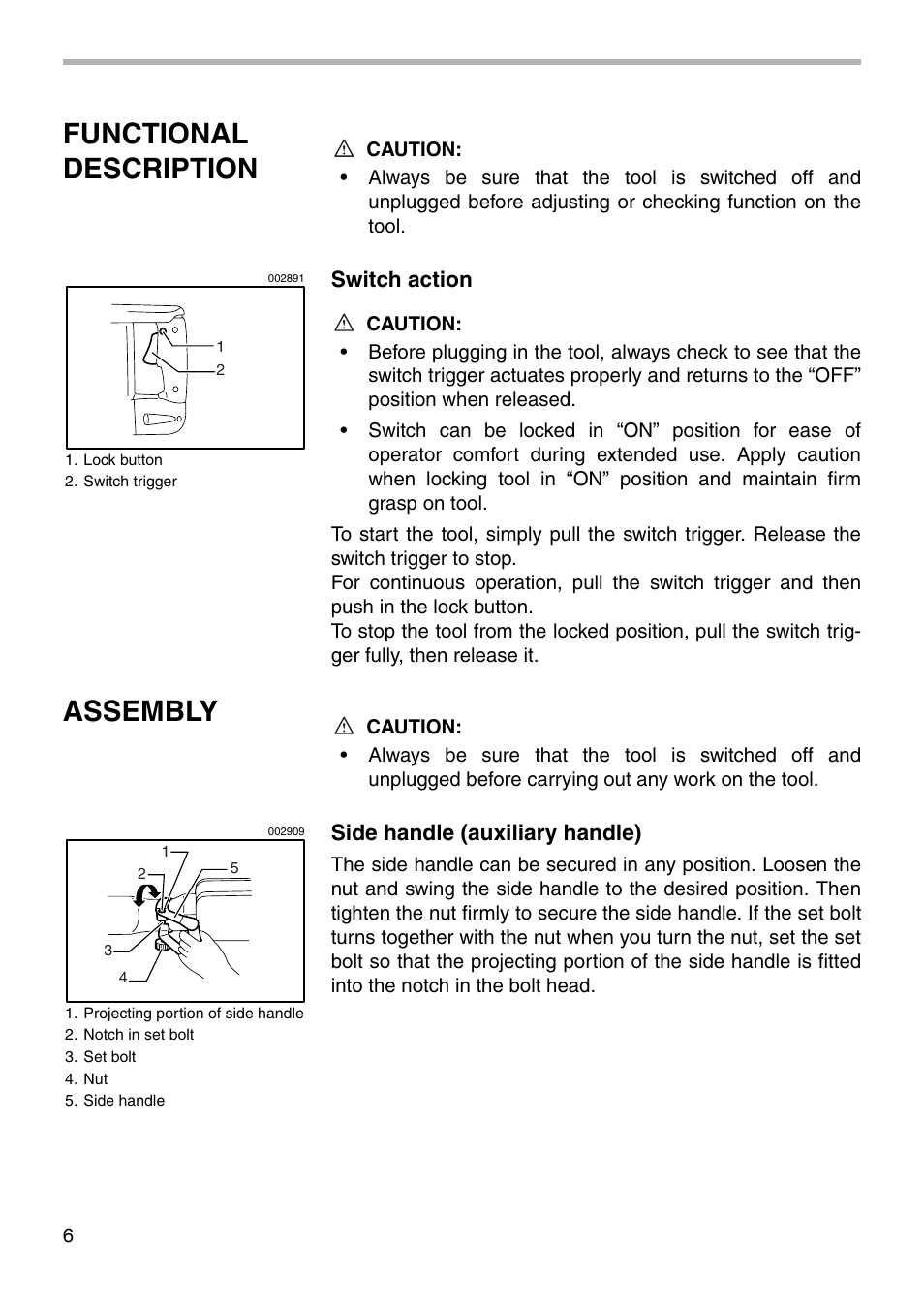 Functional description, Assembly, Switch action | Side handle (auxiliary handle) | Makita HM1500B User Manual | Page 6 / 16