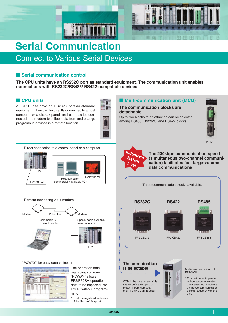 Serial communication, Flexible layout of i/o devices, Connect to various serial devices | Serial communication control, Cpu units, Multi-communication unit (mcu) | Makita FP2 Series User Manual | Page 11 / 28