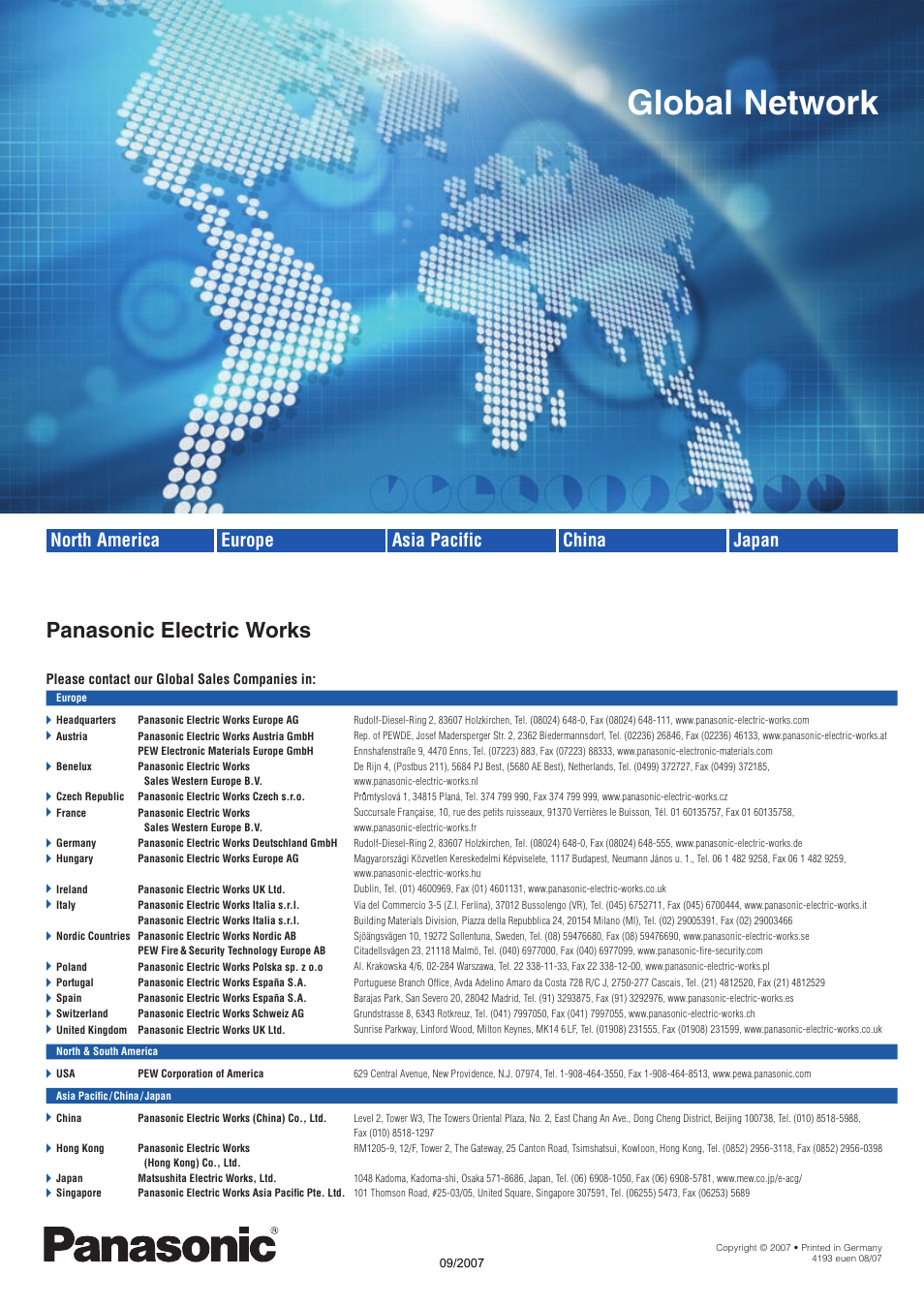 Global network, Panasonic electric works, Asia pacific china japan north america europe | Makita FP2 Series User Manual | Page 28 / 28