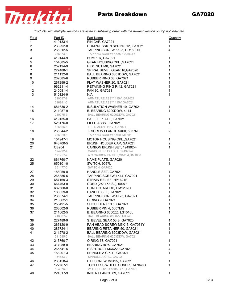 Parts breakdown ga7020 | Makita GA7020 User Manual | Page 2 / 3