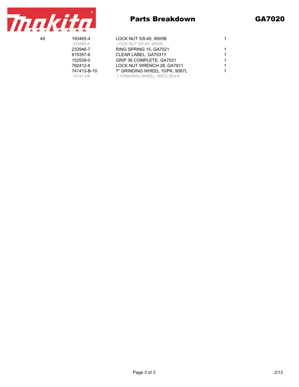 Parts breakdown ga7020 | Makita GA7020 User Manual | Page 3 / 3