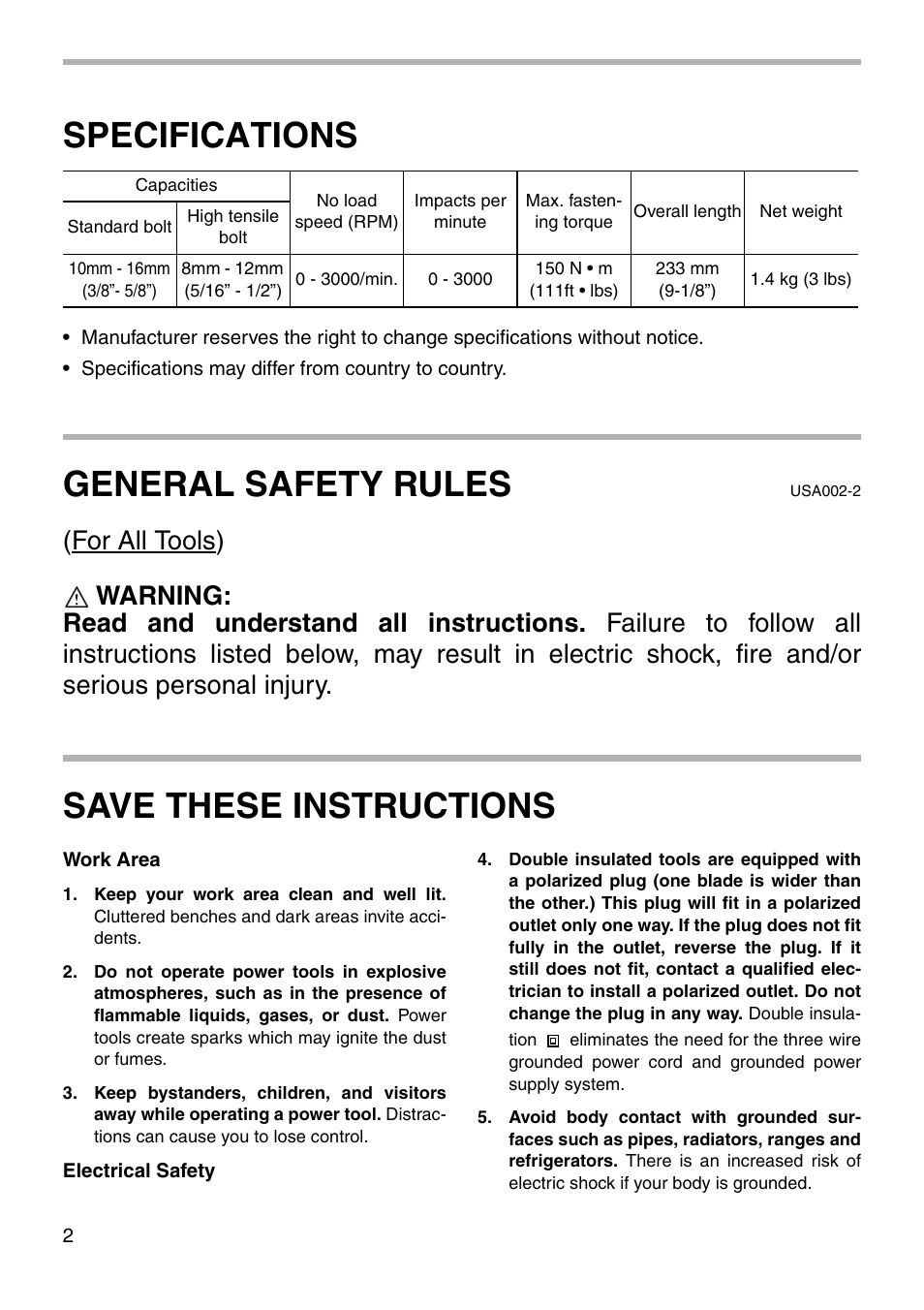 Specifications, General safety rules, Save these instructions | Makita 6953 User Manual | Page 2 / 16