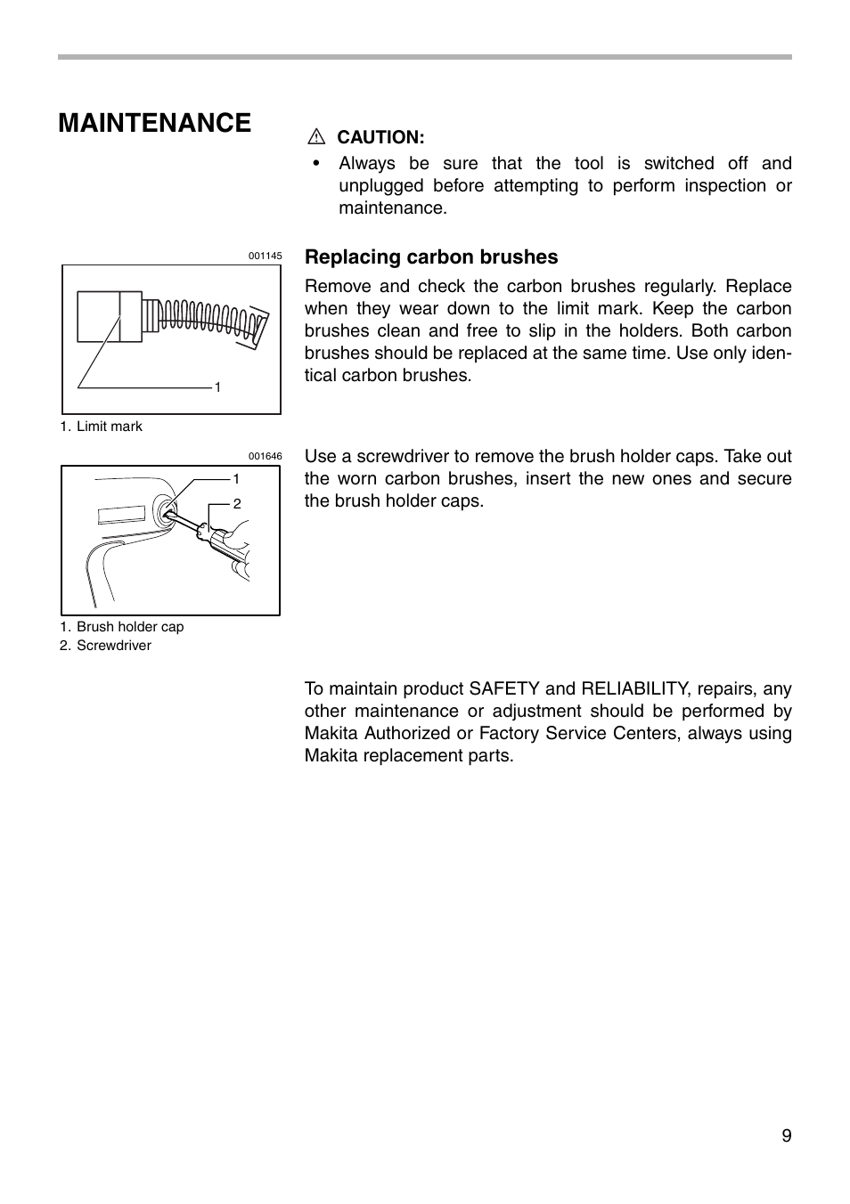 Maintenance, Replacing carbon brushes | Makita 6953 User Manual | Page 9 / 16