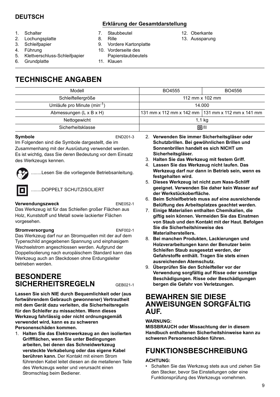 Technische angaben, Besondere sicherheitsregeln, Bewahren sie diese anweisungen sorgfältig auf | Funktionsbeschreibung, Deutsch | Makita Fishing Sander BO4556 User Manual | Page 9 / 36