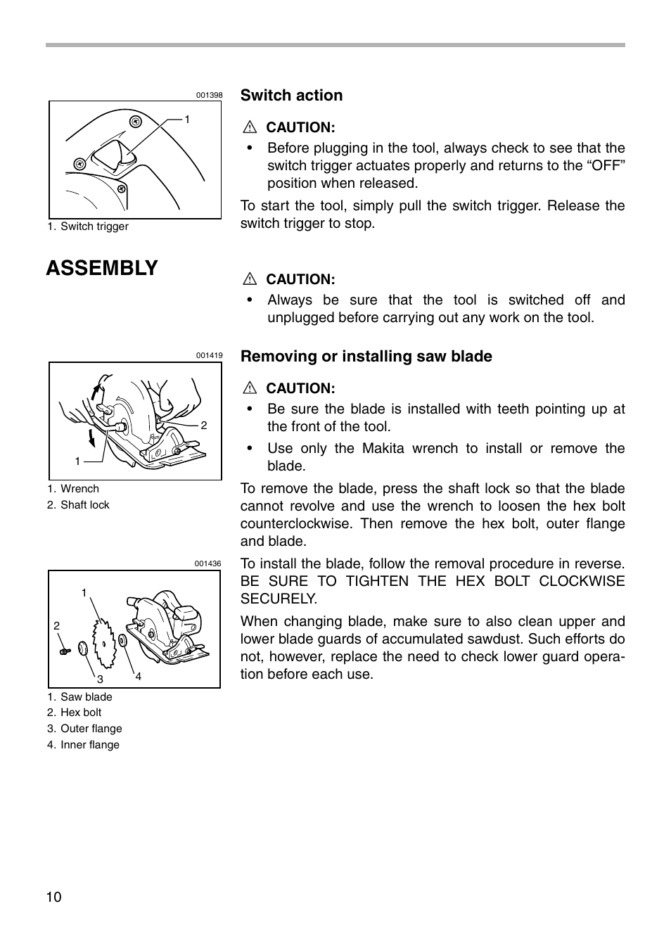 Assembly, Switch action, Removing or installing saw blade | Makita 5037NB User Manual | Page 10 / 20
