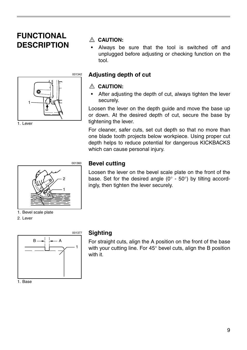 Functional description, Adjusting depth of cut, Bevel cutting | Sighting | Makita 5037NB User Manual | Page 9 / 20