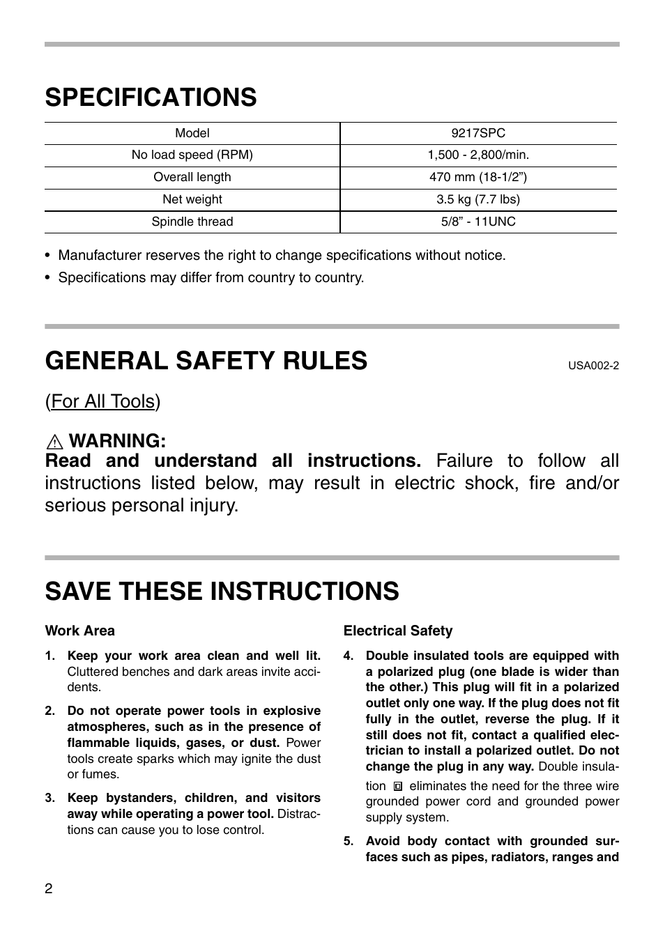 Specifications, General safety rules, Save these instructions | Makita 9217SPC User Manual | Page 2 / 16
