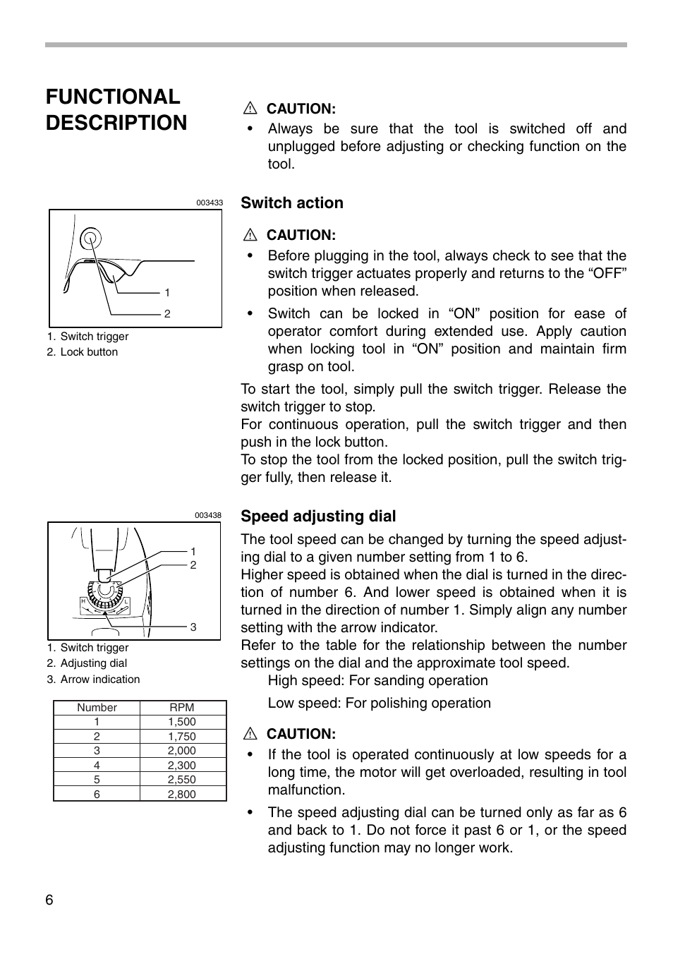 Functional description, Switch action, Speed adjusting dial | Makita 9217SPC User Manual | Page 6 / 16