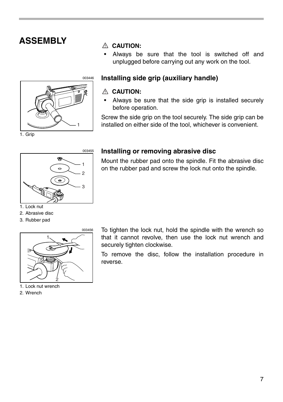 Assembly, Installing side grip (auxiliary handle), Installing or removing abrasive disc | Makita 9217SPC User Manual | Page 7 / 16