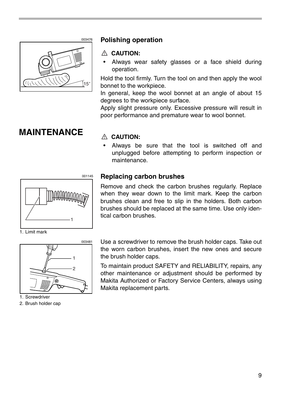 Maintenance, Polishing operation, Replacing carbon brushes | Makita 9217SPC User Manual | Page 9 / 16