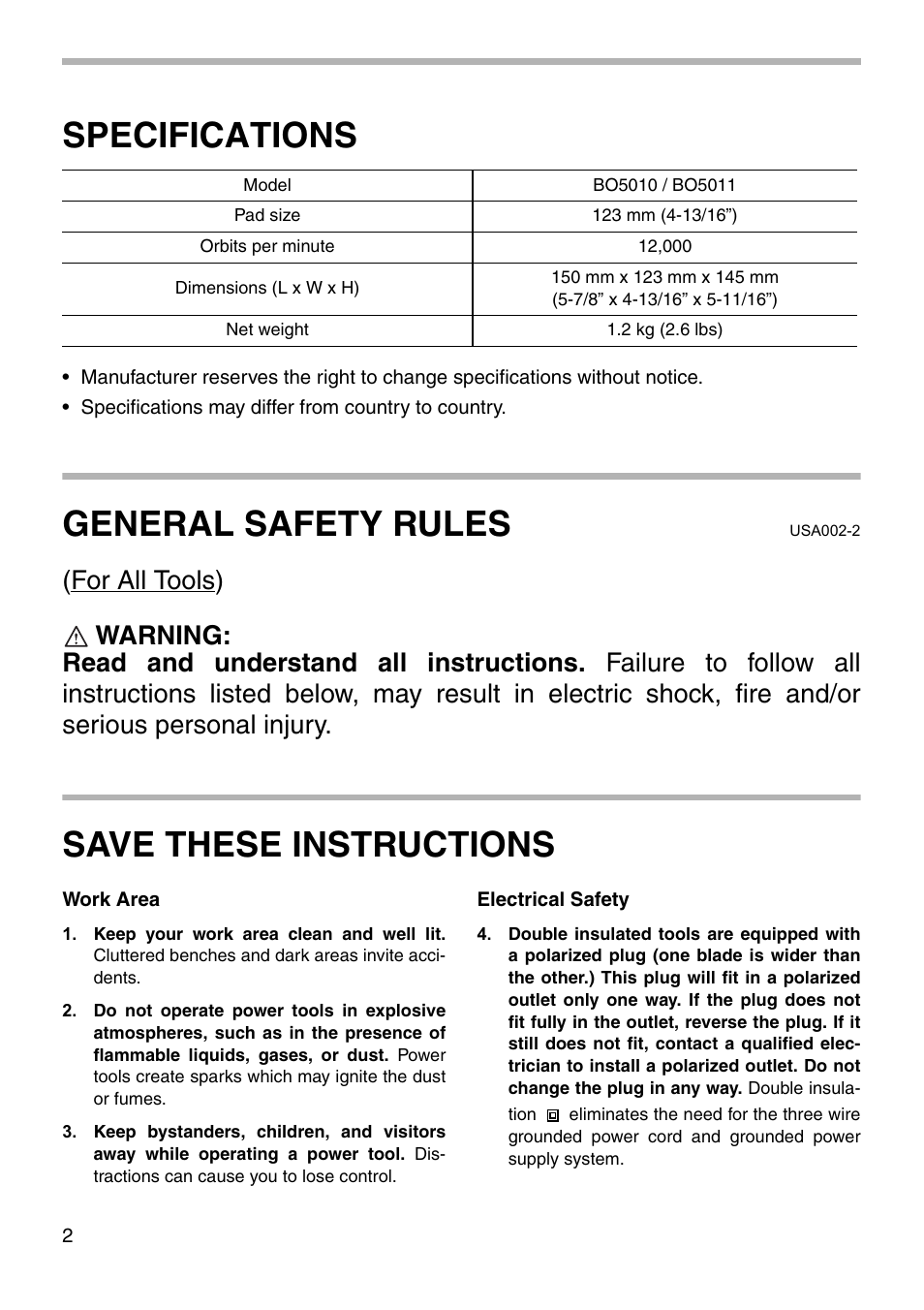 Specifications, General safety rules, Save these instructions | Makita BO5011 User Manual | Page 2 / 16