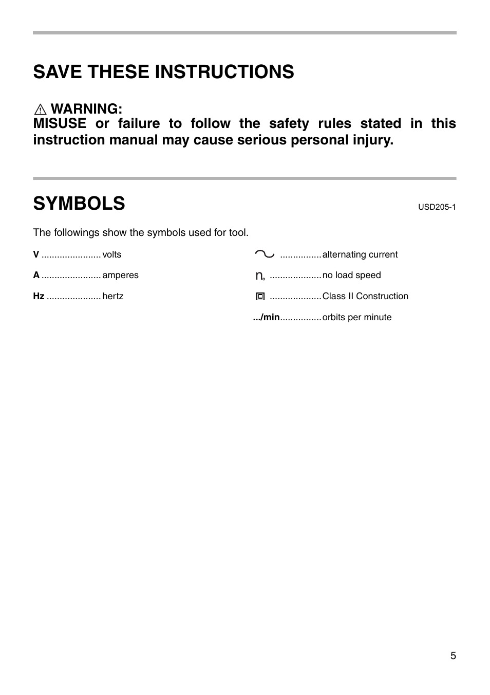 Save these instructions, Symbols | Makita BO5011 User Manual | Page 5 / 16