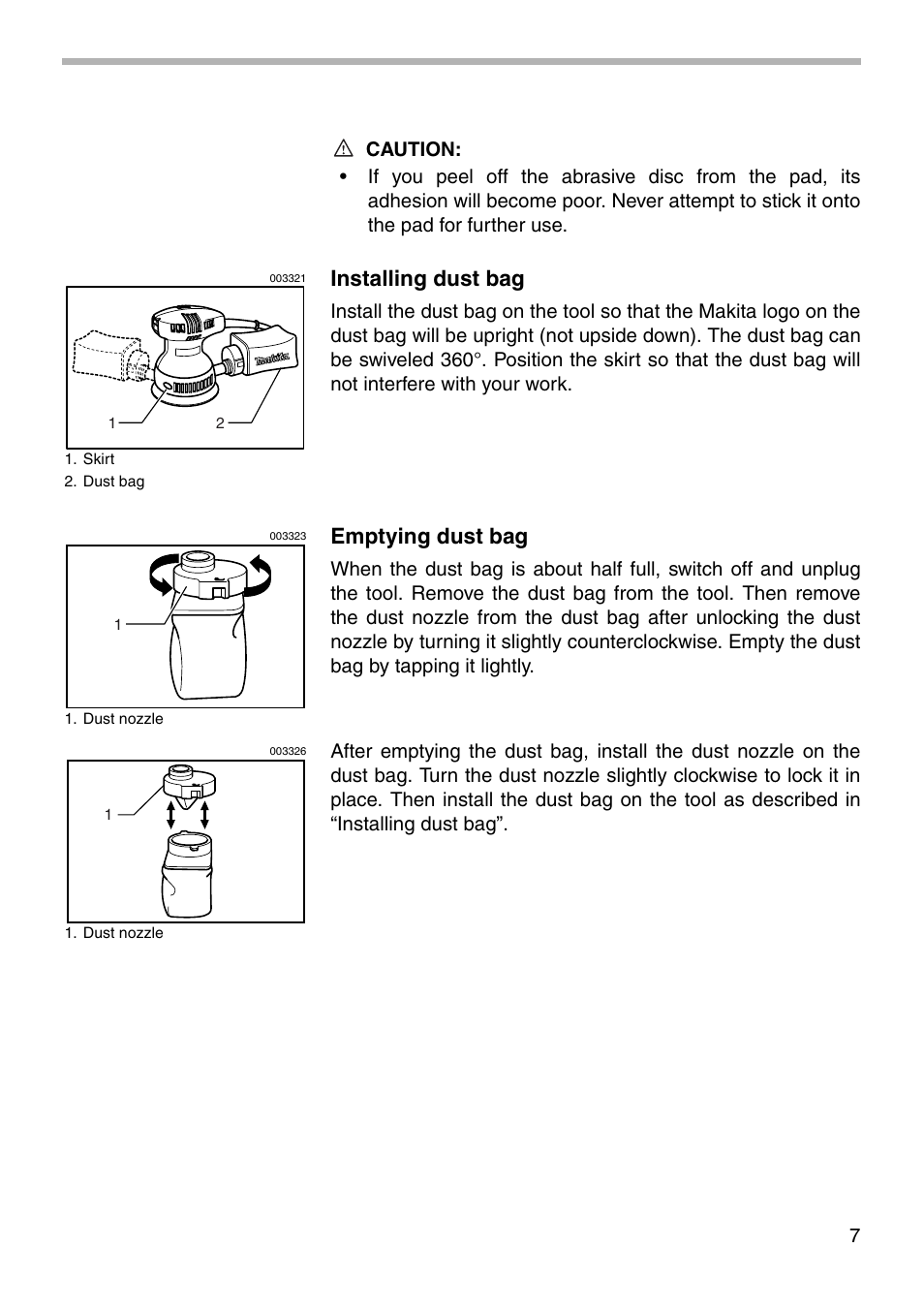 Installing dust bag, Emptying dust bag | Makita BO5011 User Manual | Page 7 / 16